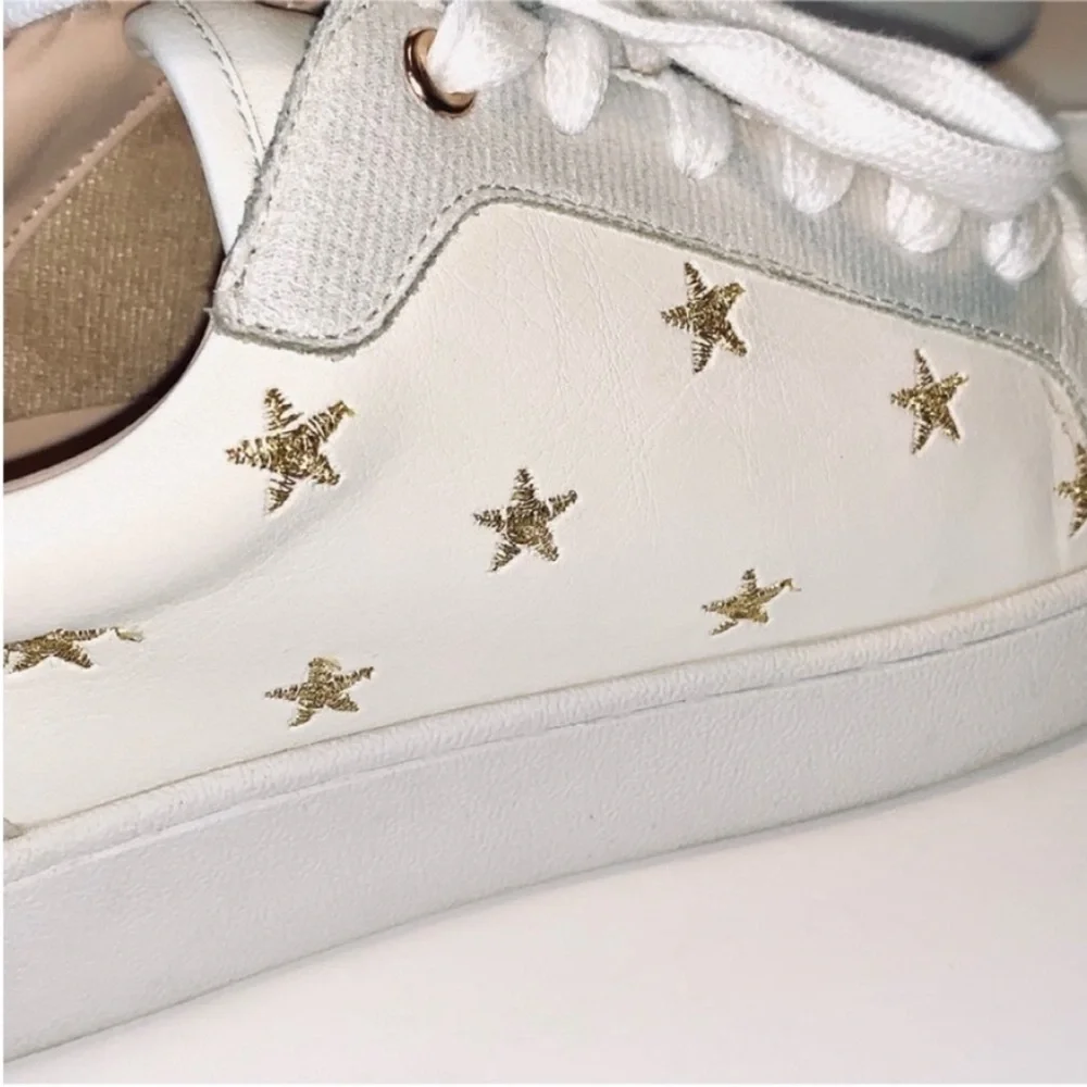 Altar’d State Sneakers White Vegan Leather Embroidered Metallic Gold Stars 7.5
